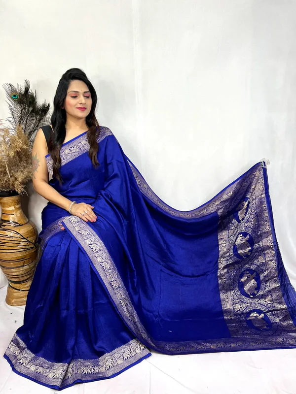 Dola Silk Golden Zari Border Saree - Royal blue